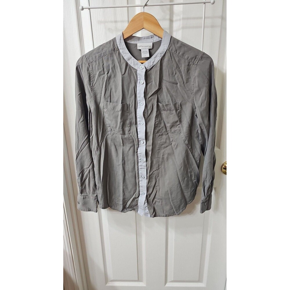 Soft Surroundings Gray 100% Silk Long Sleeve Button Down Blouse with Contrast Tr